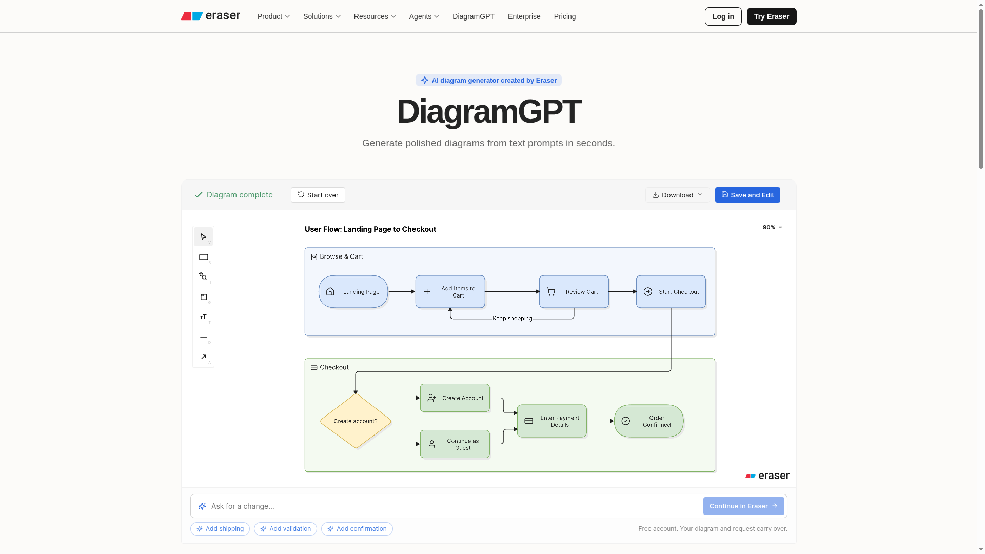 Eraser's DiagramGPT output: a complete landing page to checkout user flow generated from a text prompt without an account