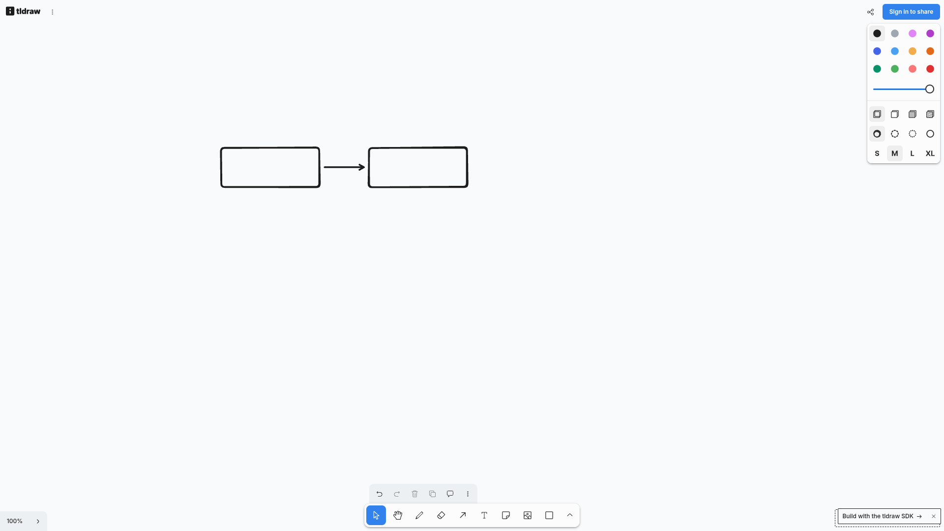 Two rectangles connected by an arrow on tldraw's canvas, with the sign-in option visible only in the corner