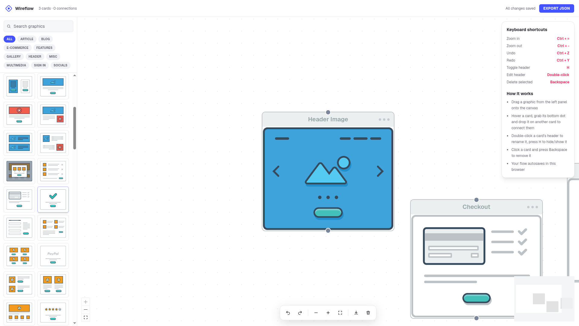The Wireflow editor with the graphics library open, showing a flow built from three components with no signup screen