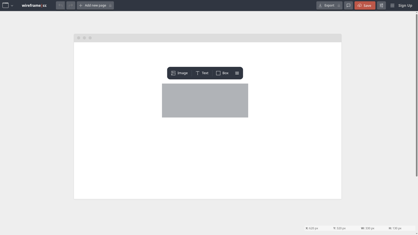 Wireframe.cc editor with the stencil picker open showing Image, Text and Box options after drawing a rectangle